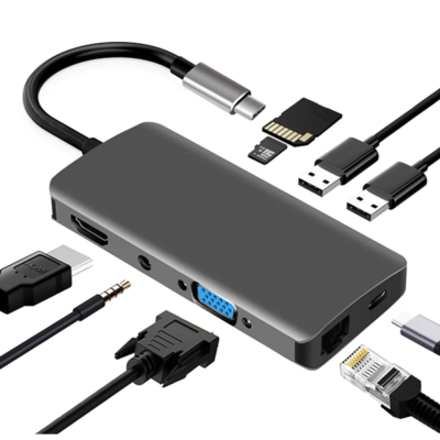 Hub USB C, base adaptadora 9 em 1 tipo C com porta VGA, 4K USB C para HDMI, entrega de energia PD, porta Ethernet de 1 Gbps, porta de áudio / microfone, leitor de cartão SD / TF, 2 portas USB-3.0, portátil para MacBook Pro (9 em 1)