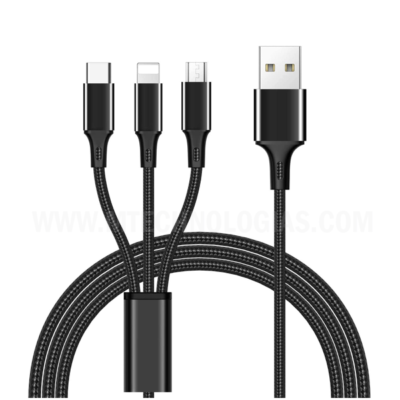 Cabo USB 3 em 1, Fio de Carregador Híbrido, 1,2 Metros, com 3 Conectores Tipo C, Micro USB e IOS, Cabo de Nylon Trançado Universal（Preto）