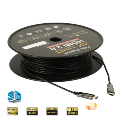 Cabo Óptico Ativo (AOC) HDMI 2.0 Ultra HD 4K Resolução 4K a 60Hz (4:4:4) Proporção de Cinema 21:9 Banda máxima de até 18 Gbp Design híbrido de Fibra / Cobre Conectores banhados a ouro Cabeamento Ultrafino e Flexível HDCP 2.2 / CEC / EDID / HDR / ARC / 3D Suporta HDR10 e Dolby Vision