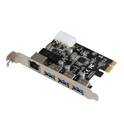 JMT PCI-E para 3 portas externas 5 Gbps USB 3.0 HUB + RJ-45 Gigabit Ethernet Placa de rede 10/100/1000 Mbps PCI Express USB 3.0 LAN Adaptador Combo Controller Card Compatível com dispositivos USB 2.0 USB 1.1