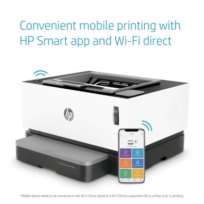 Impressora a laser monocromática HP Neverstop 1000w habilitada para WiFi, 80% de economia em cartuchos originais, auto-recarregável com rendimento de caixa de entrada 5X, tarefas inteligentes com aplicativo HP Smart, baixa emissão e qualidade de ar limpo