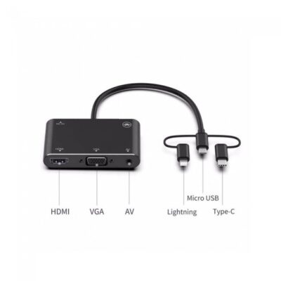 Reprodutor de tela HD móvel 3 em 1, adaptador Type-C/Lightning/Micro USB para HDMI/VGA/AV, conversor de áudio e vídeo