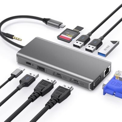 Estação de encaixe USB C, hub USB C 12 em 1, adaptador múltiplo com 2 HDMI 4K, VGA, PD de 100 W, Gigabit Ethernet, 4 USB-A, microfone/áudio, leitor de cartão SD/TF para Thunderbolt3 MacBook Pro/iPad/Dell/HP/Surface/Lenovo