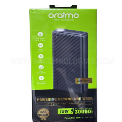 Power Bank Oraimo 30000 mAh – Carregamento ultrarrápido de 15 W